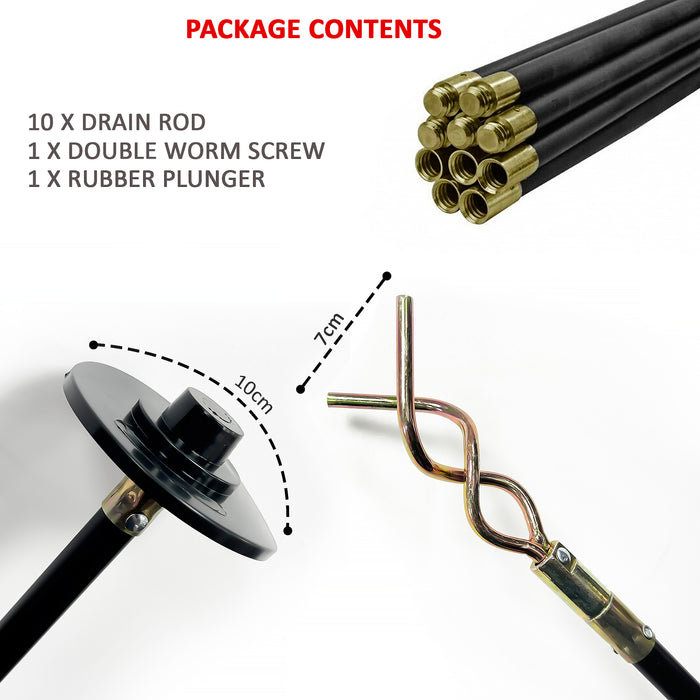 12 Piece 9 Meter Drain Rods Set