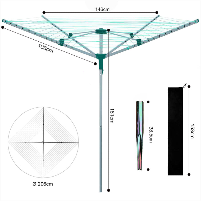 4 Arm Rotary Washing Line Clothes Airer & Peg Bag