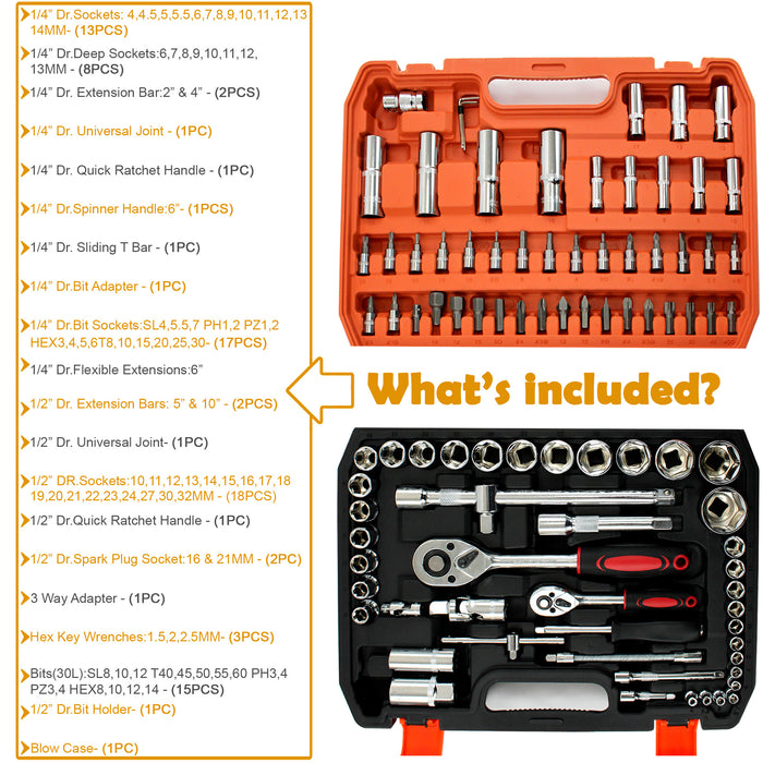 94 Piece 1/4" & 1/2" Dr Socket Set