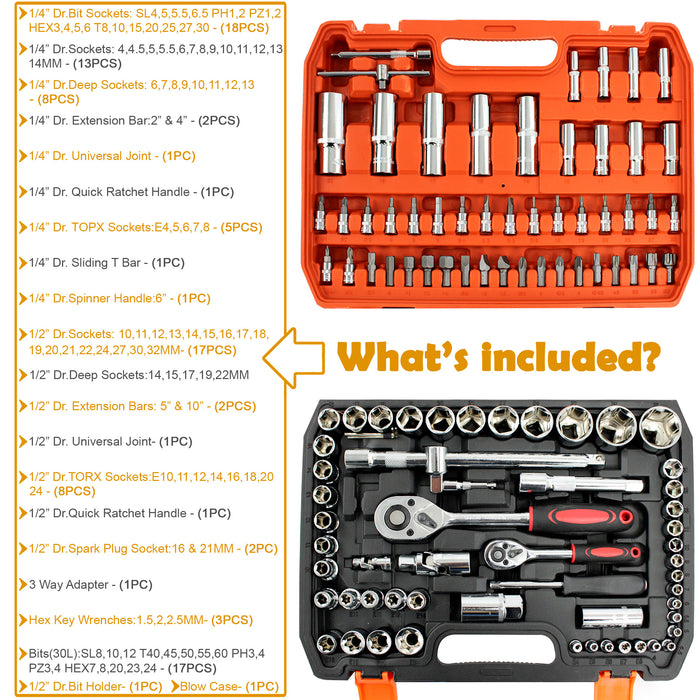 108 Pcs 1/4" & 1/2" Socket Ratchet Torx Set