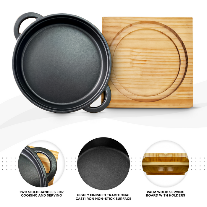 Features Cast Iron Frying Pot Pan With Wood Board