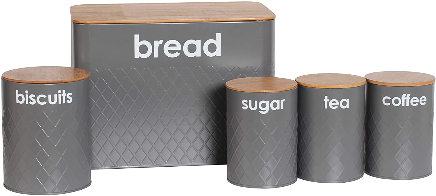 5pc Grey Bread Bin Kitchen Storage Set 