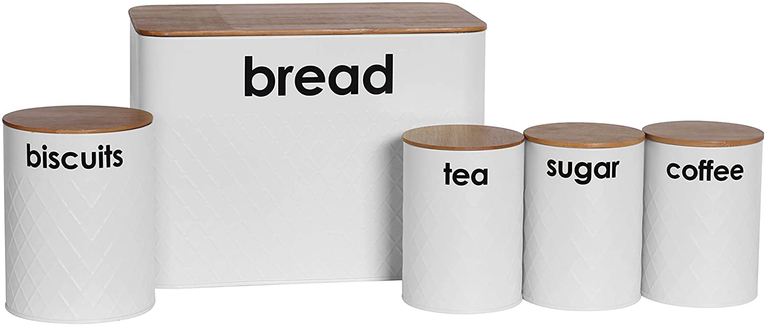 5pc White Bread Bin Kitchen Storage Set