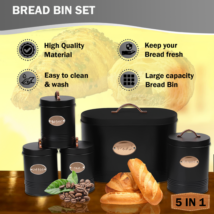 5 in 1 Black Bread Bin Set