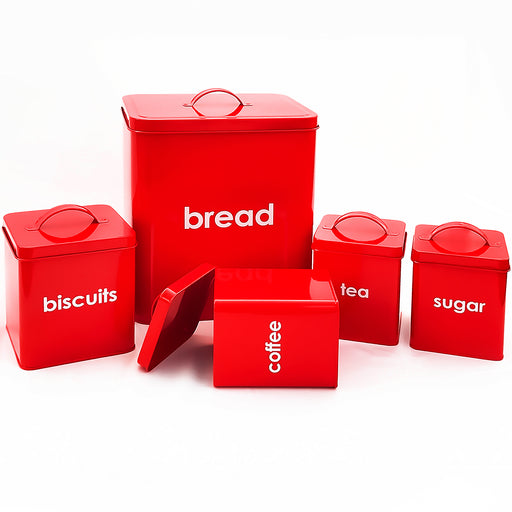 5 Piece Red Bread Bin - Kitchen Storage Tins