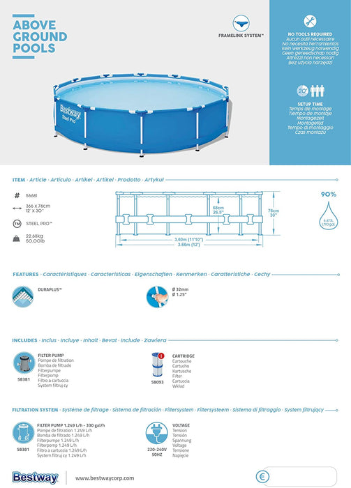 Bestway Steel Pro Swimming Pool with Filter Pump - 366 x 76 cm